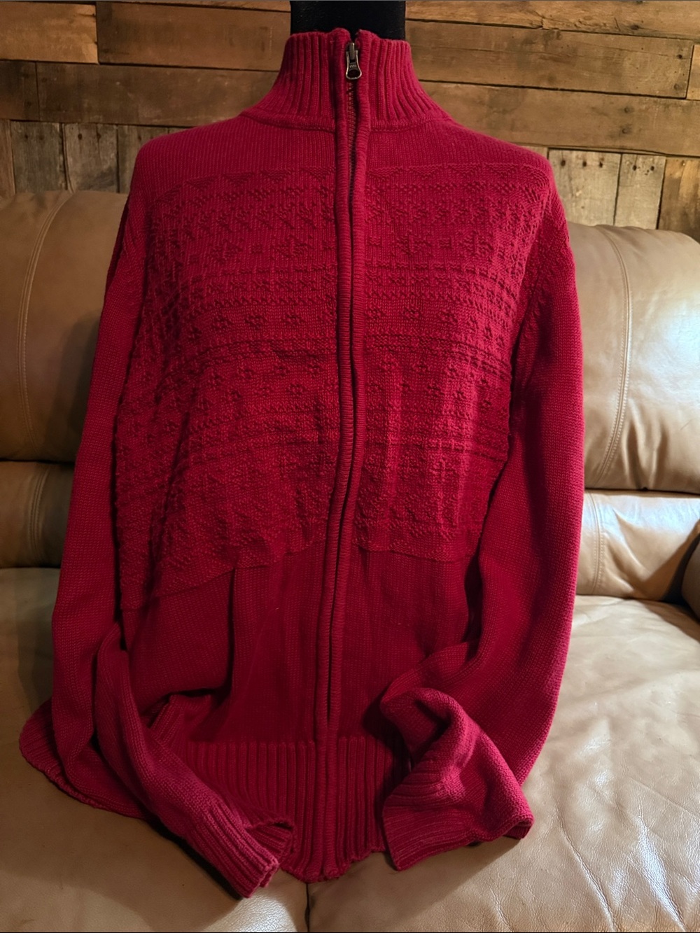 CJ Banks Red Zip-Up Textured Knit Cardigan
